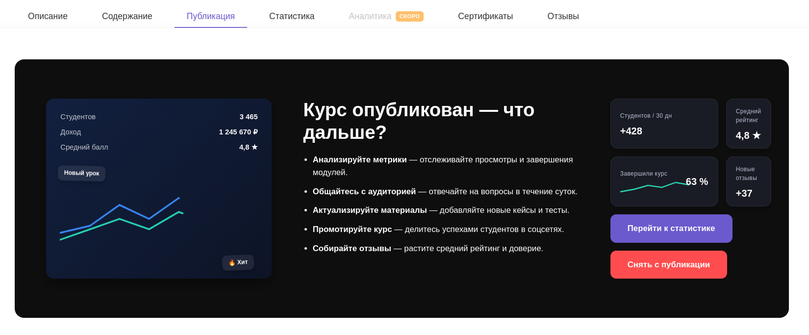 Панель успешной публикации и кнопка Перейти к статистике